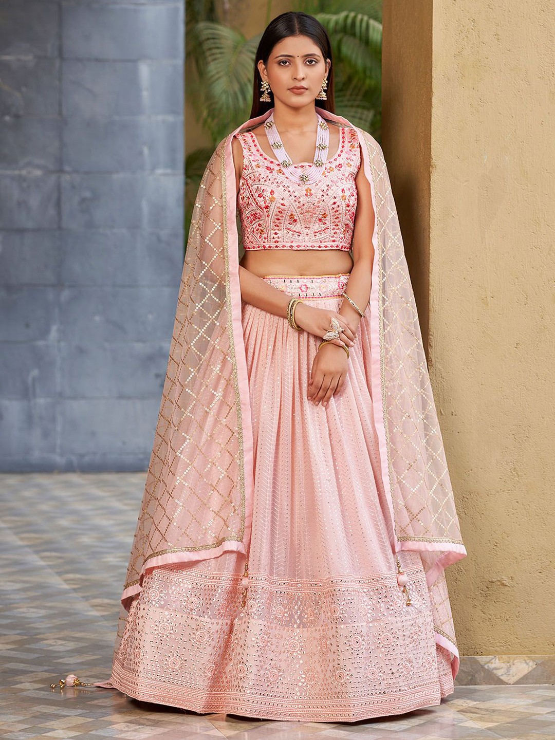 

ODETTE Embroidered Sequinned Semi-Stitched Lehenga & Unstitched Blouse With Dupatta, Pink