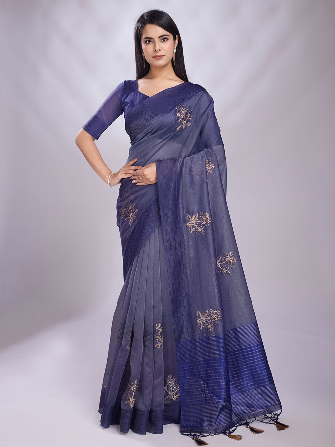 

Mitera Embroidered Organza Saree, Navy blue