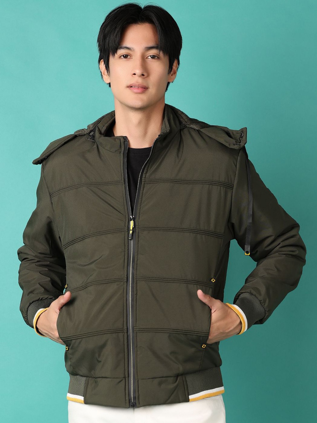 

V-Mart Men Hooded Solid Cotton Casual Bomber Jacket, Olive