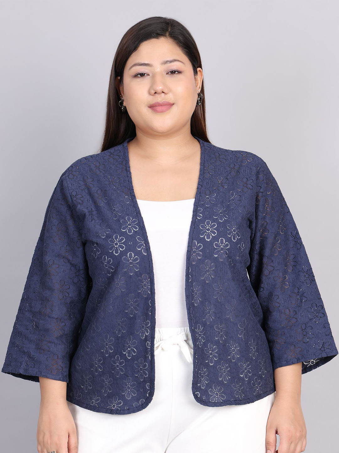 

Rute Plus Size Floral Self Design Pure Cotton Open Front Shrug, Blue