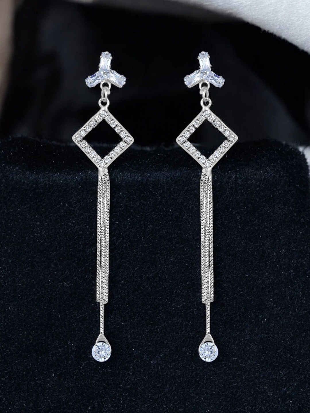 

Stefan Silver-Plated Contemporary Shaped American Diamond Drop Earrings, White