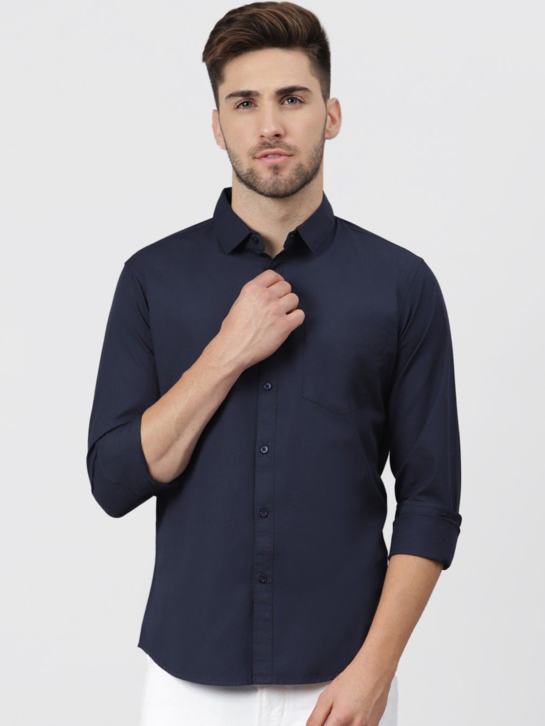 

Provogue Men India Slim Spread Collar Solid Cotton Casual Shirt, Navy blue