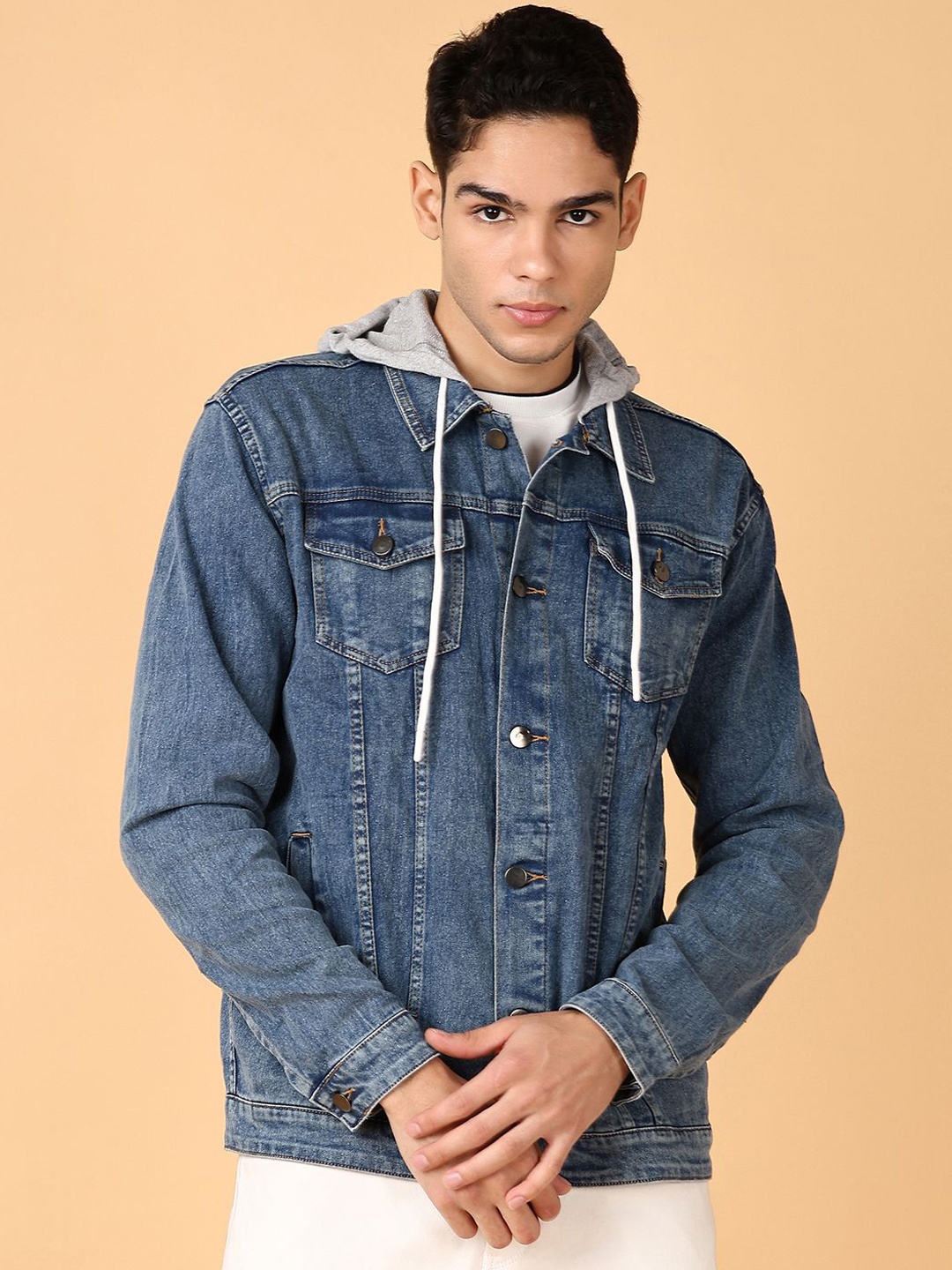 

V-Mart Men Hooded Typography Printed Denim Casual Jacket, Blue