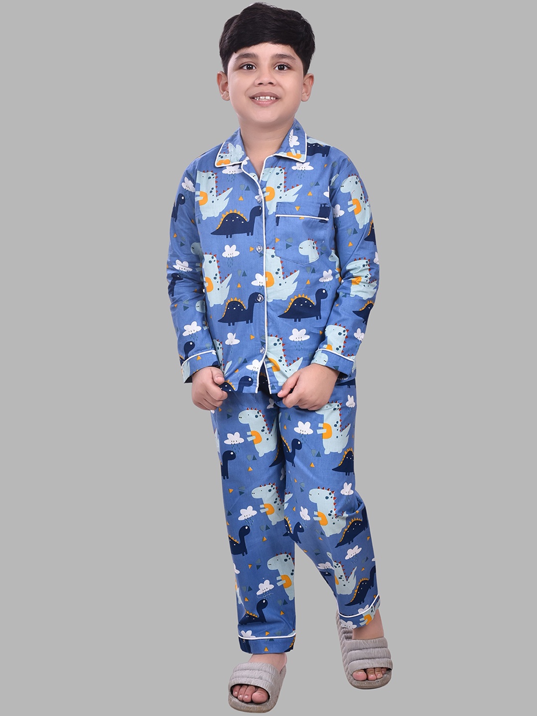 

YK Boys Pure Cotton Lapel Collar Long Sleeves Printed Night suit, Blue