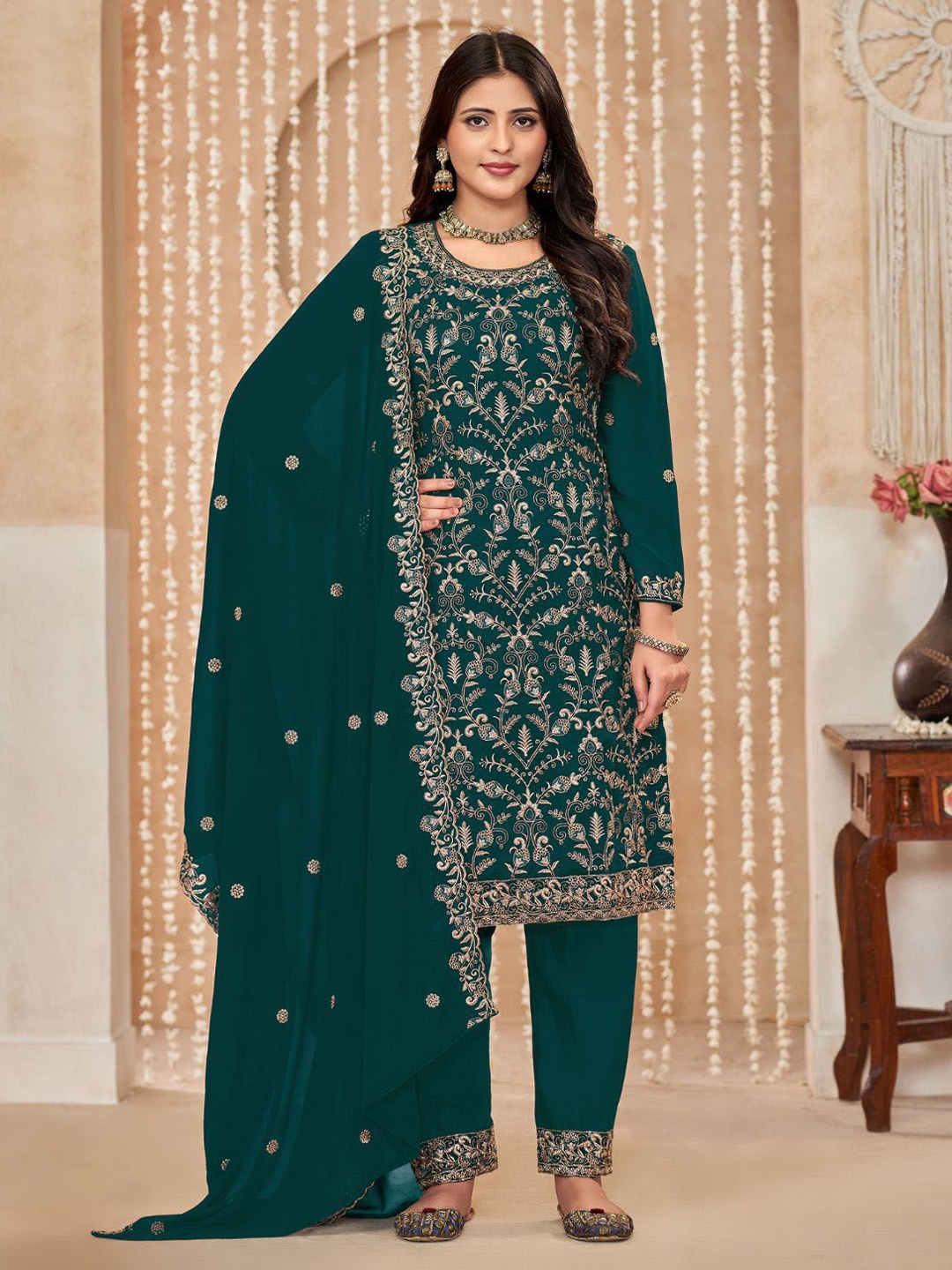 

ODETTE Floral Embroidered Straight Zari Georgette Kurta with Trousers & Dupatta, Green