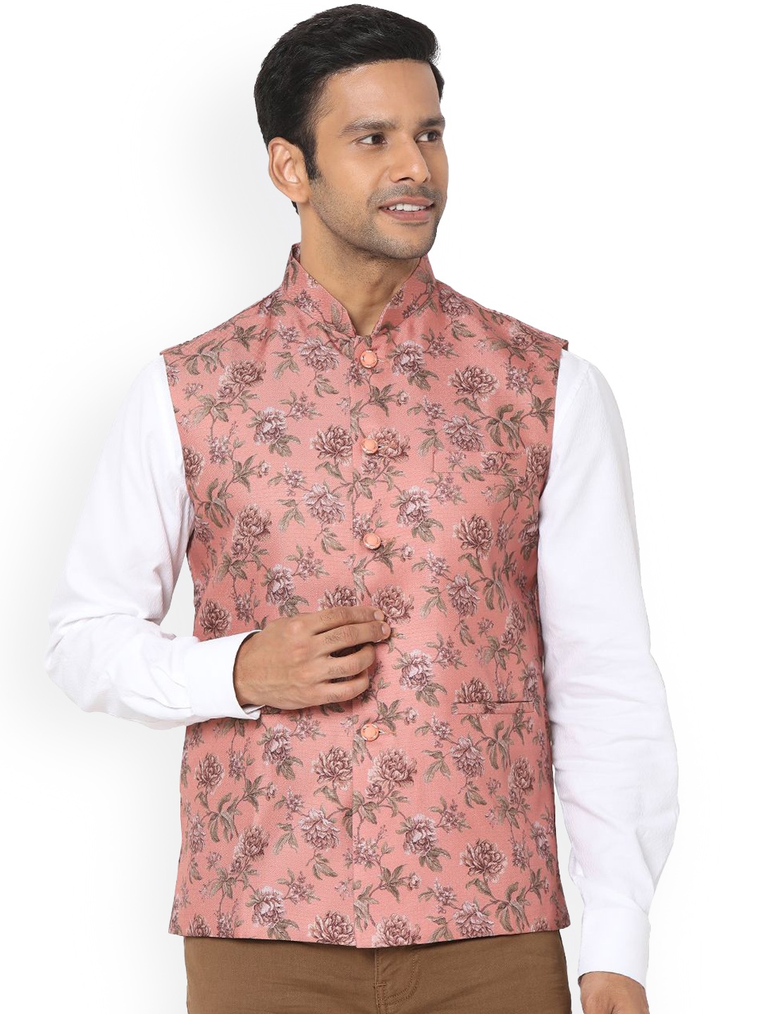 

SALWAR STUDIO Men Printed Woven Nehru Jacket, Peach