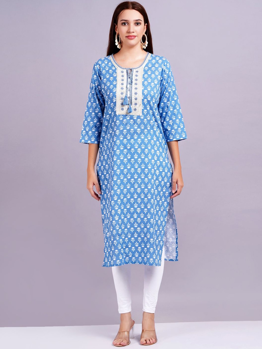 

HIGHLIGHT FASHION EXPORT Floral Printed Thread Work Tie-Up Neck Cotton Straight Kurta, Blue