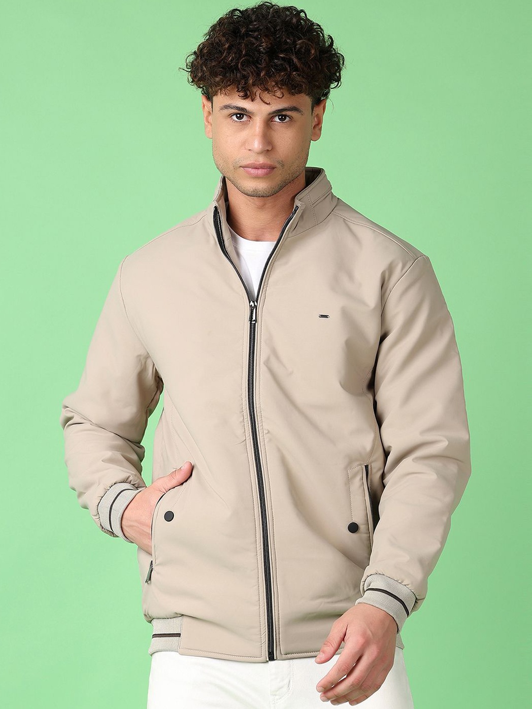 

V-Mart Men Mock Collar Solid Cotton Casual Bomber Jacket, Cream