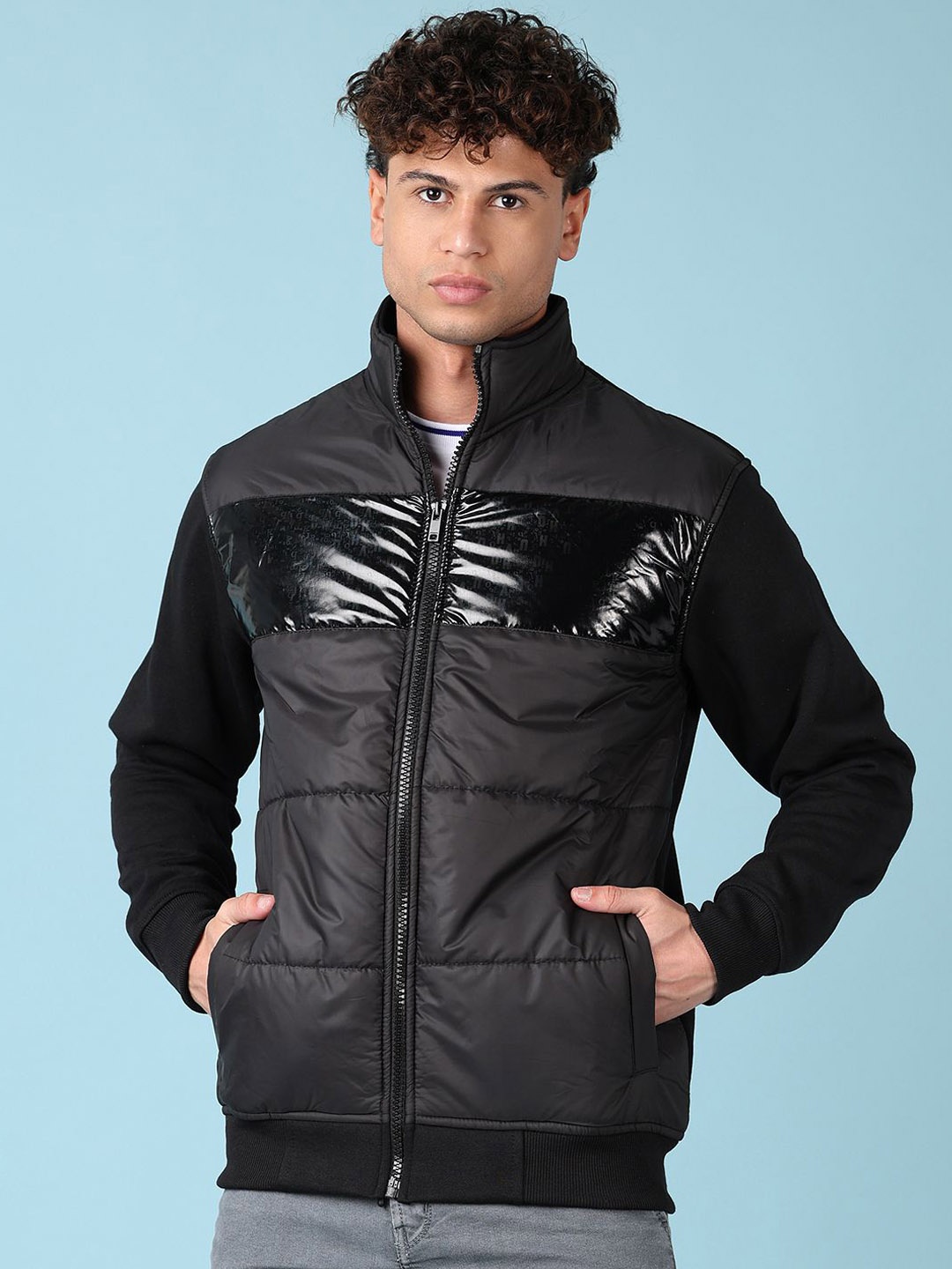

V-Mart Men Mock Collar Colourblocked Cotton Casual Puffer Jacket, Black
