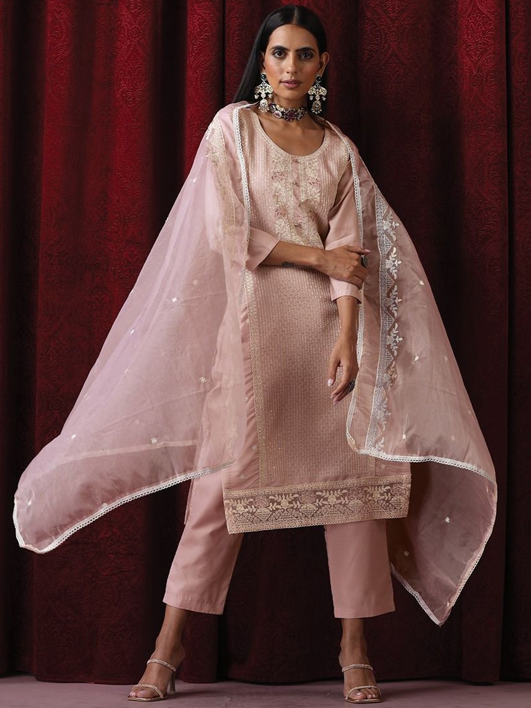

Triyah Floral Embroidered Sequinned Cotton Silk Straight Kurta With Trouser & Dupatta, Pink