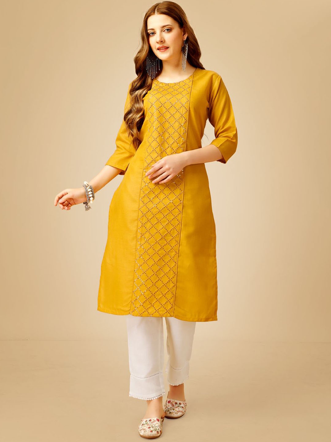 

HI FI NX Embroidered Sequinned Straight Kurta with Trouser, Yellow