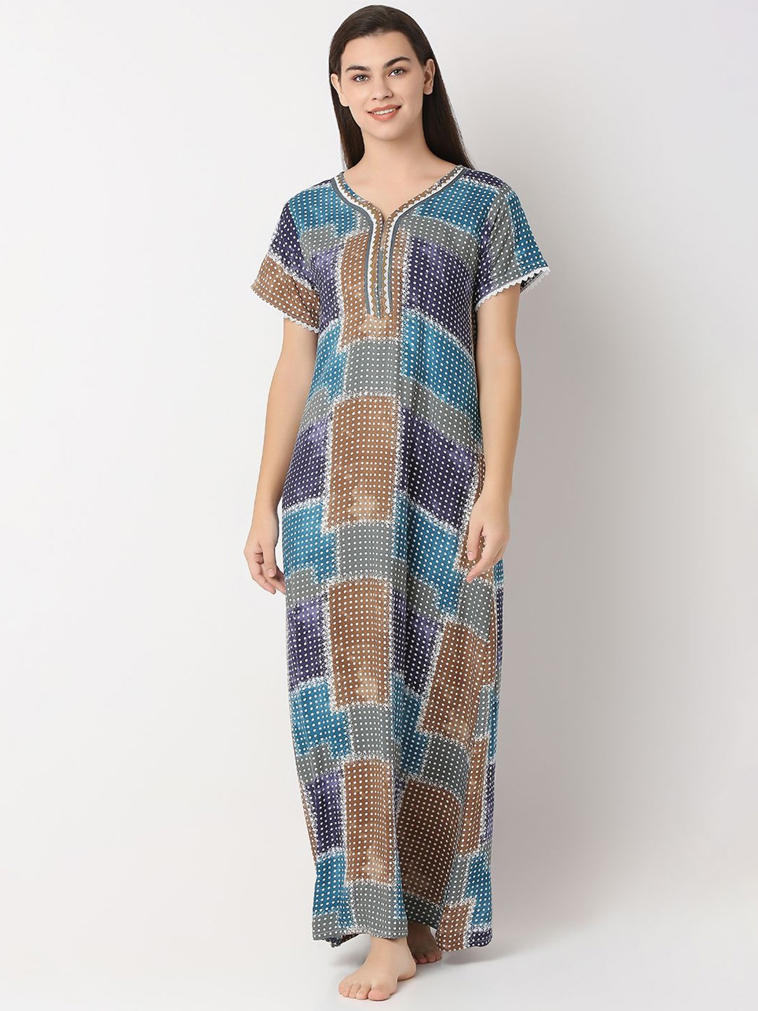 

Juliet Polka Dots Printed V-Neck Maxi Nightdress, Blue