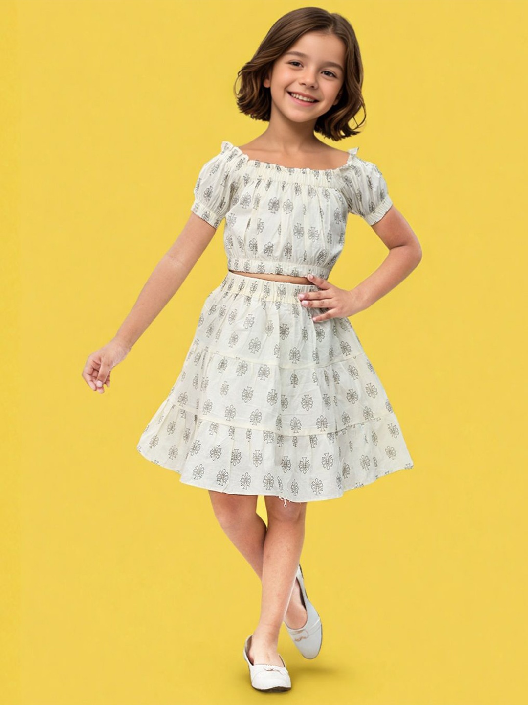 

Toonyport Girls Printed Pure Cotton Top with Skirt, Green