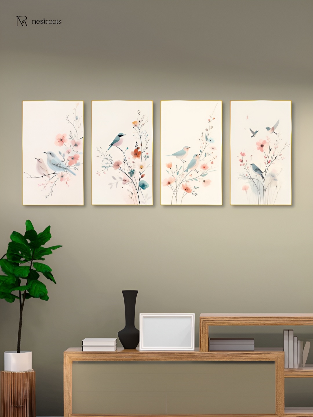 

nestroots Red & Blue 4 Pieces Canvas Floral and Botanical Wall Arts