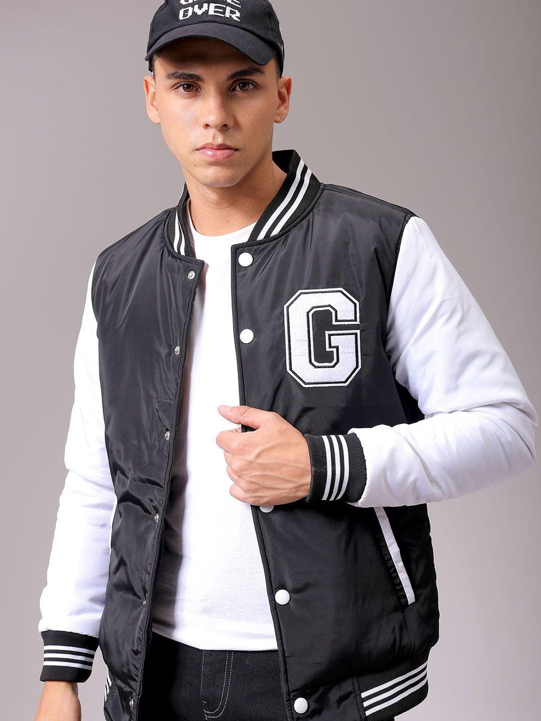 

The Indian Garage Co Men Colourblocked Varsity Jacket with Patchwork, Black