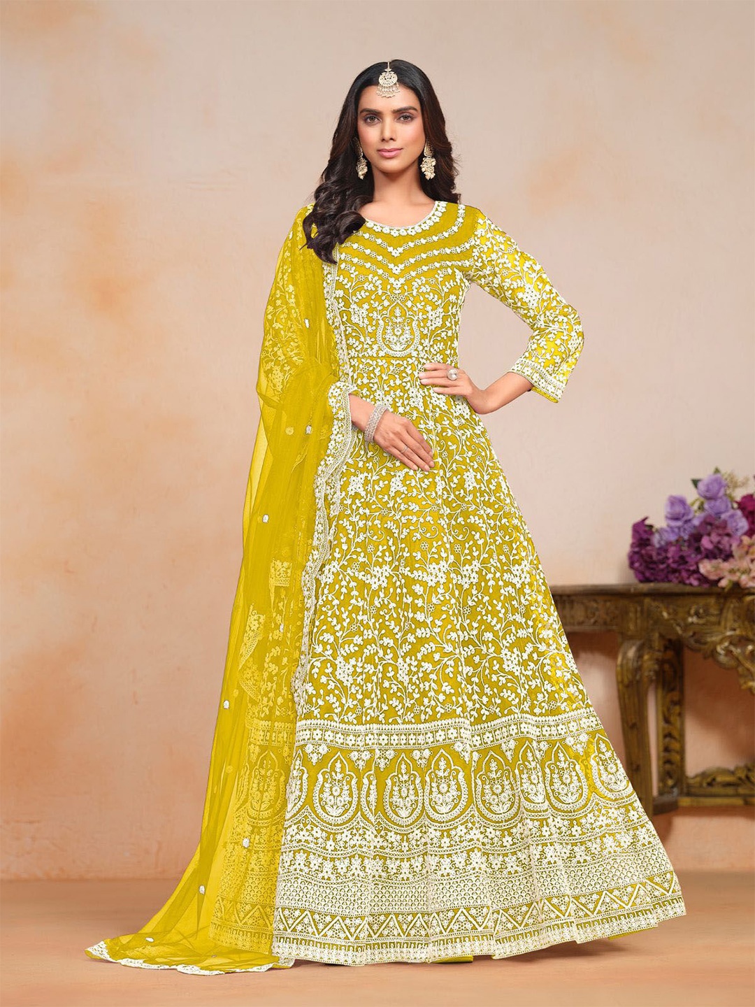 

ODETTE Floral Embroidered Semi-Stitched Gown With Dupatta, Yellow