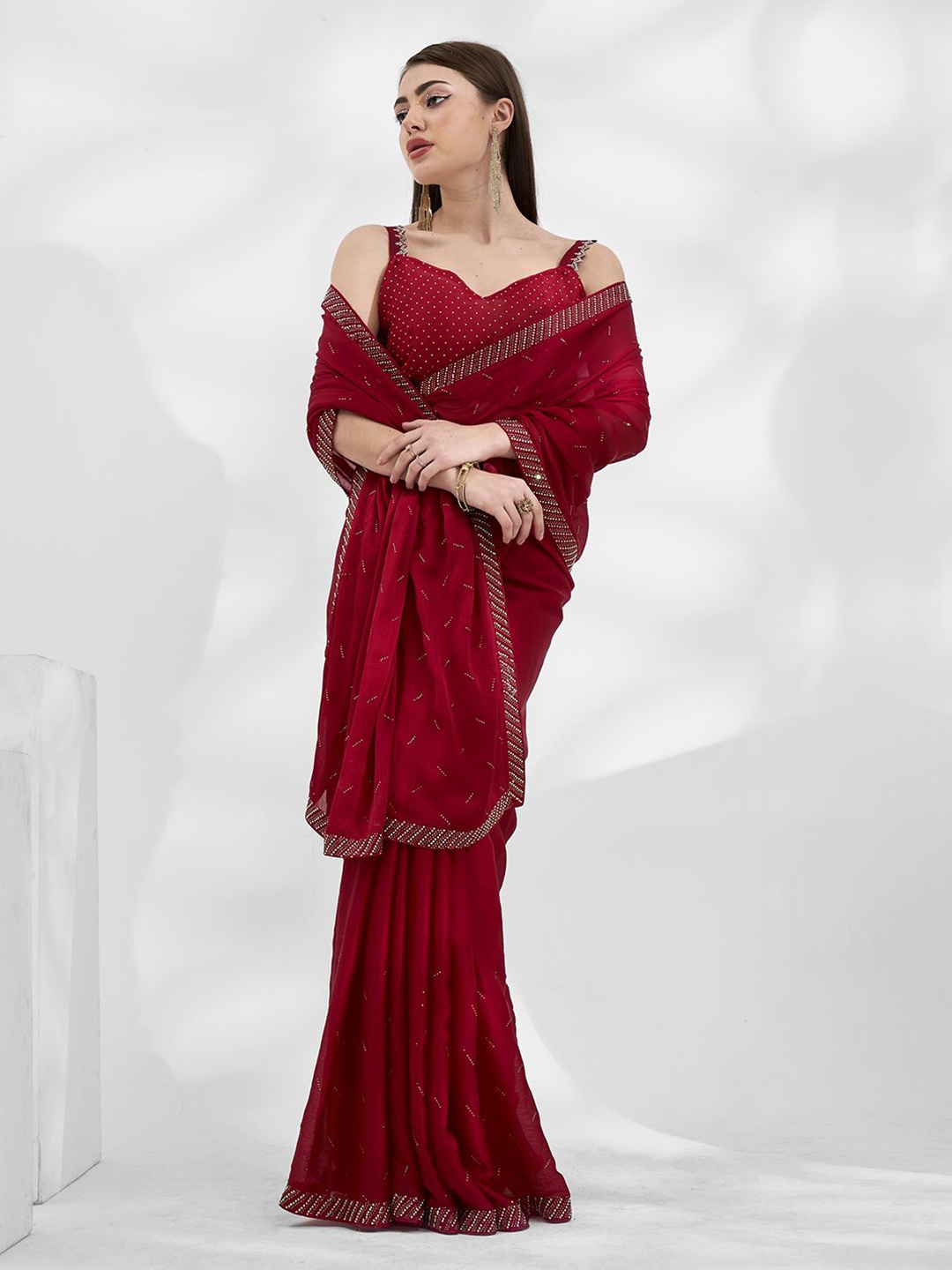 

Kalista Embellished Beads and Stones Pure Chiffon Ready to Wear Saree, Red