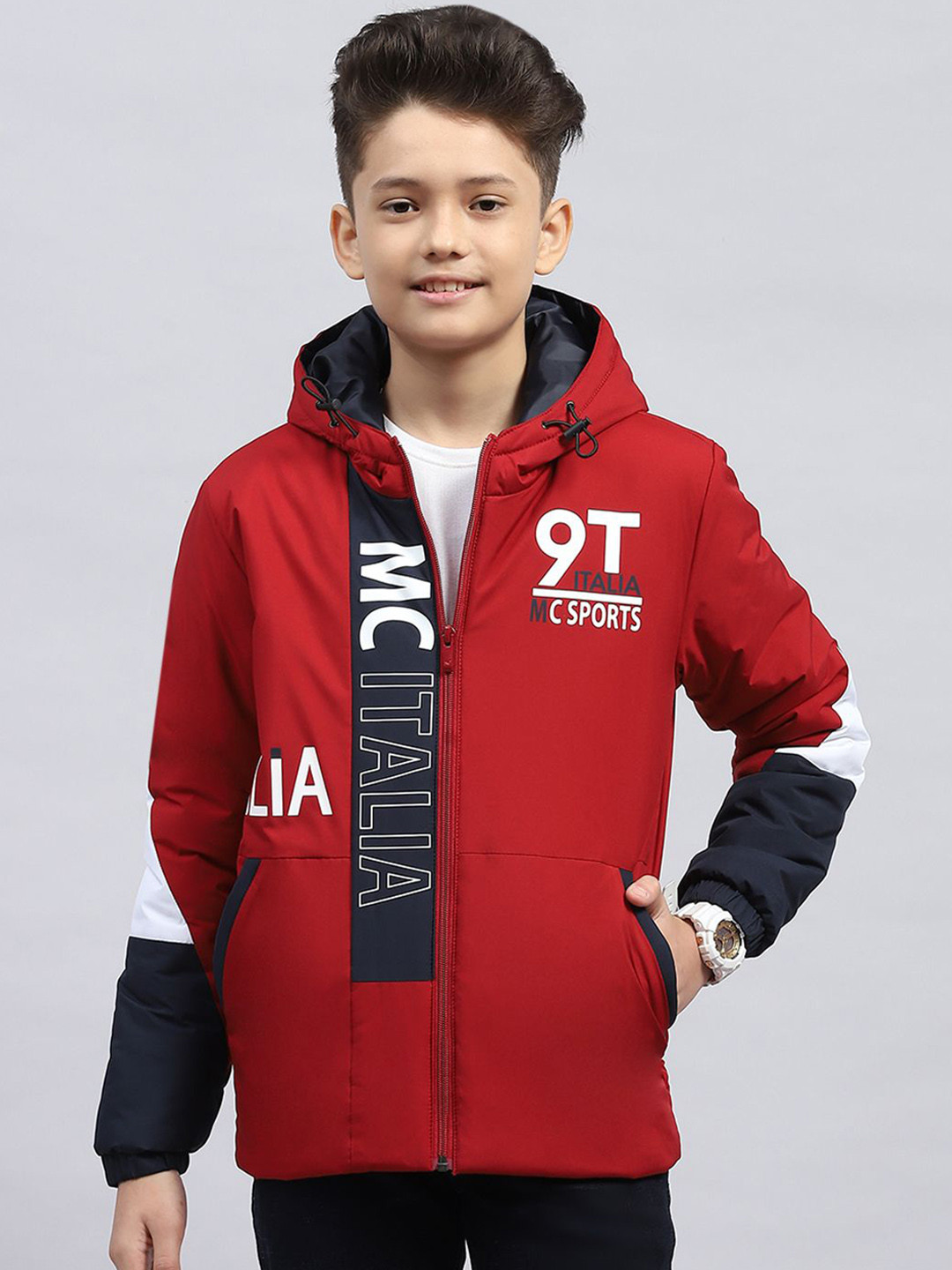 

Monte Carlo Boys Hooded Typography Printed Casual Sporty Jacket, Maroon