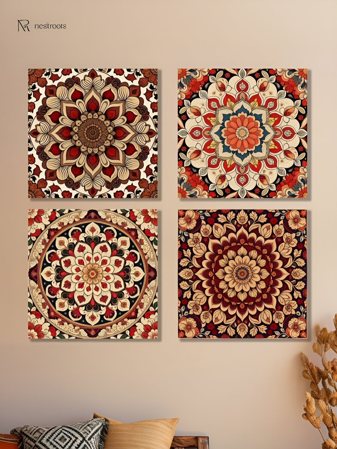 

nestroots Red & Green 4 Pieces Vibrant Floral Canvas Painting Wall Arts