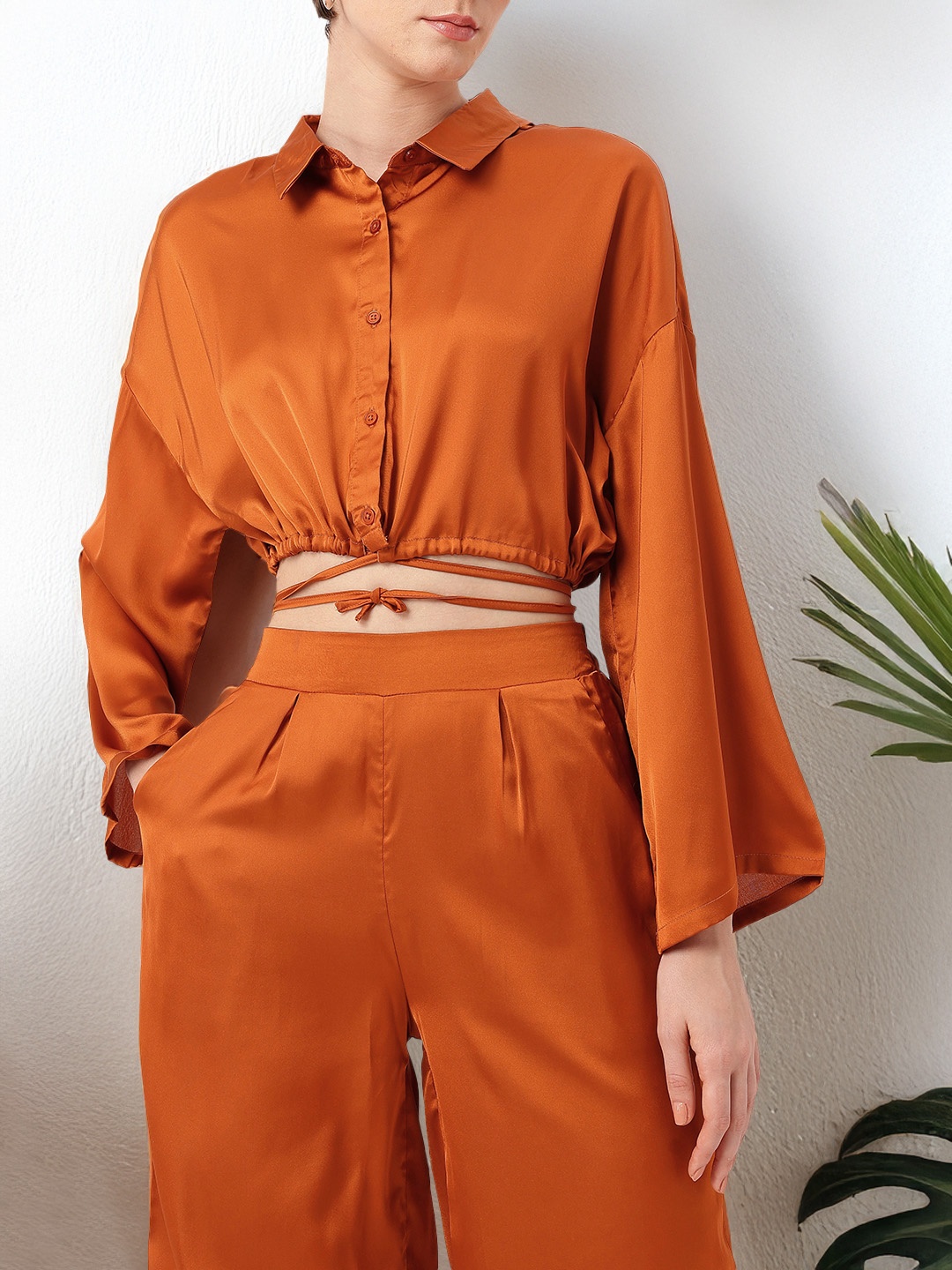 

DressBerry Sashay In Satin Modern Glamour Midriff Peek Tie-Up Blouson Shirt Style Crop Top, Rust