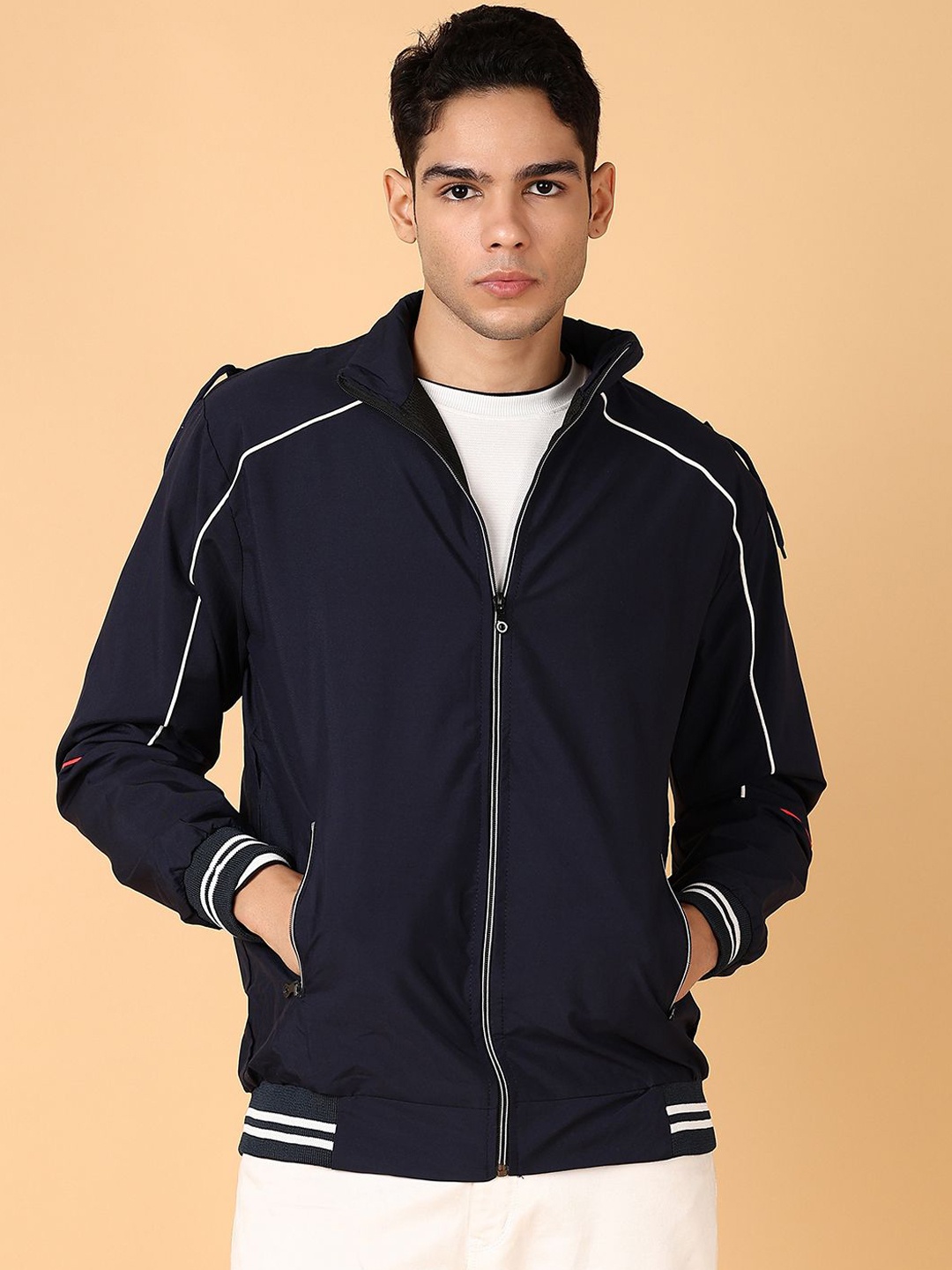 

V-Mart Men Hooded Solid Cotton Casual Bomber Jacket, Navy blue