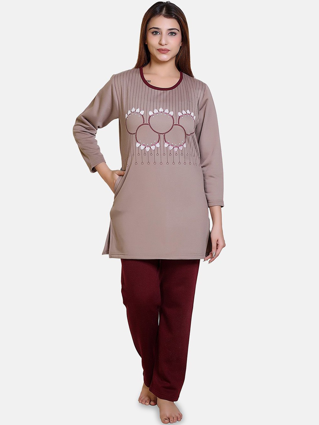 

Divine Girl Women Printed Winter Night suit, Brown