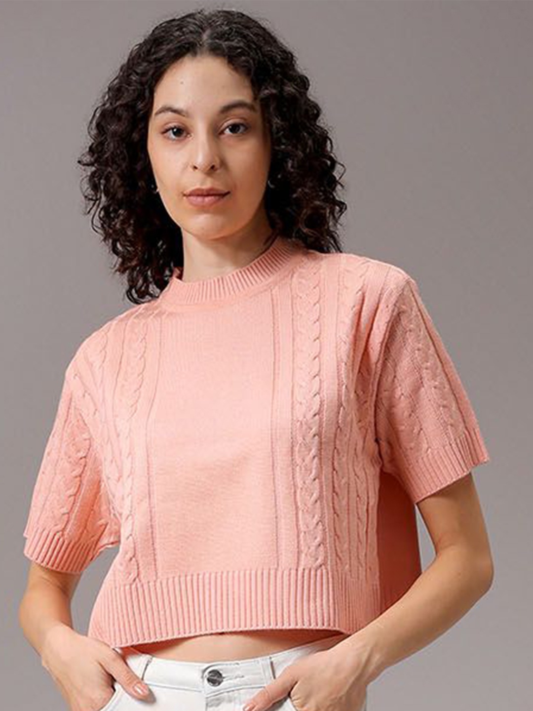 

Freehand by The Indian Garage Co Women Cable Knit Crop Pullover, Pink