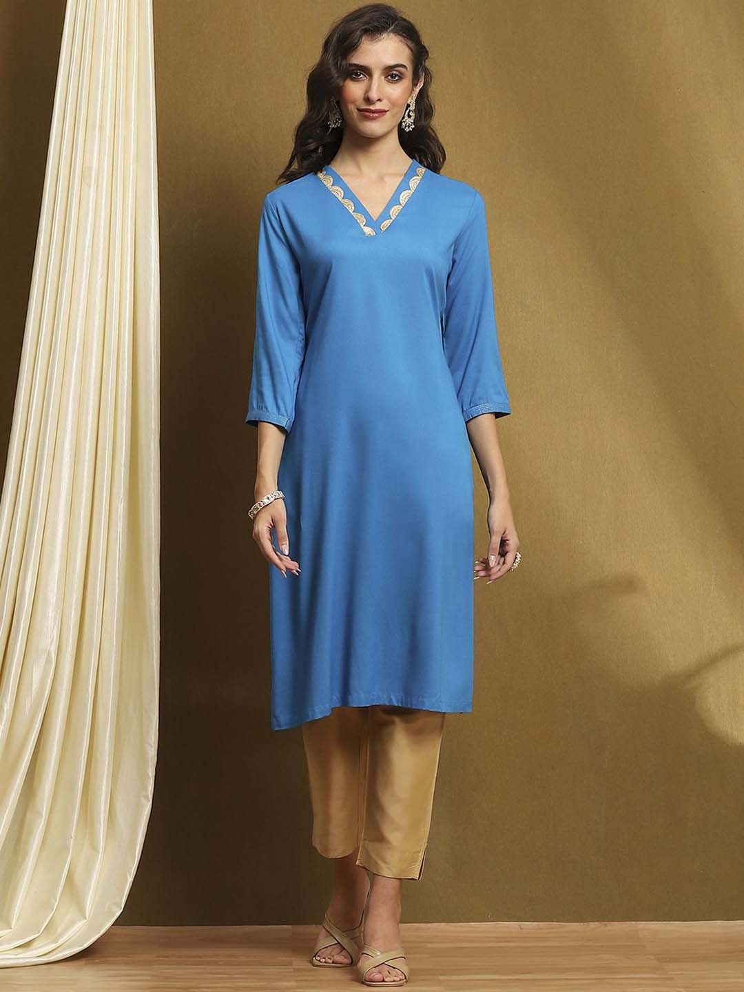 

Biba V-Neck Regular Straight Kurta, Blue