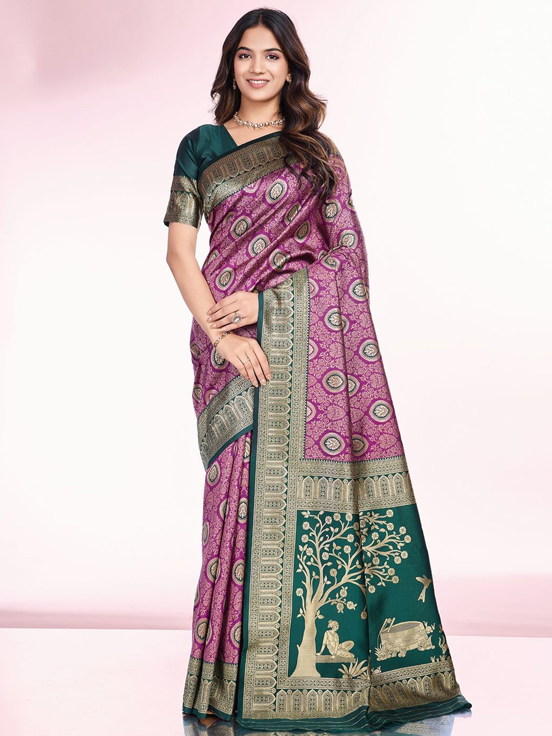 

RICH & ROMAN Woven Design Zari Pure Silk Banarasi Saree, Purple