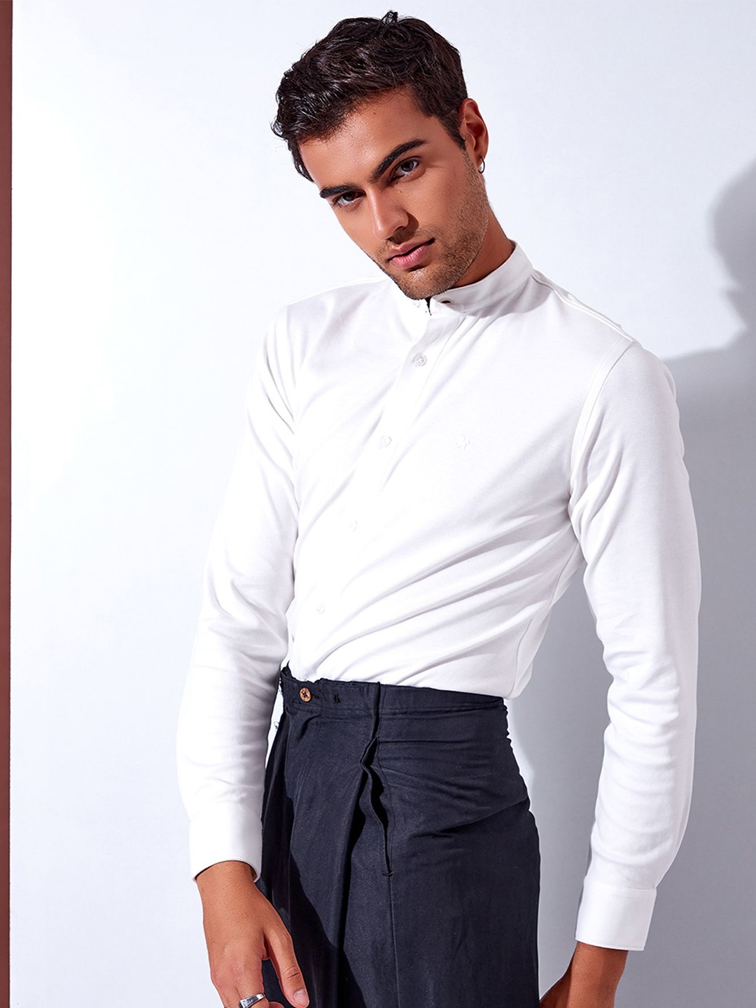 

Markle Moro Men Band Collar Solid Cotton Casual Shirt, White