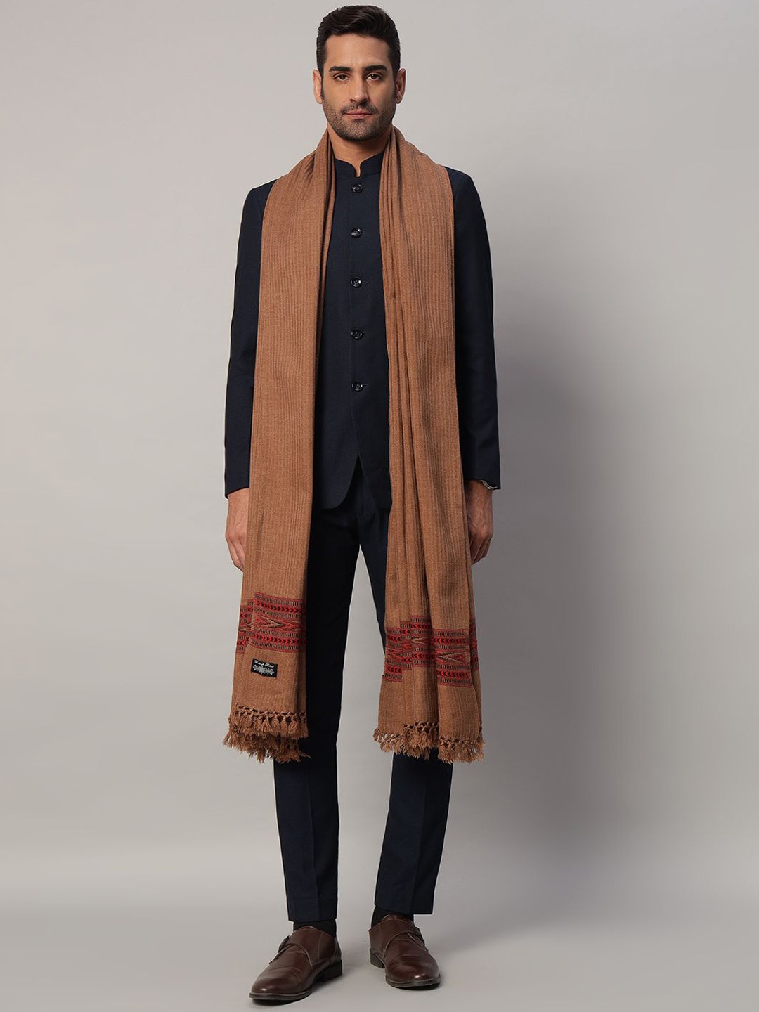 

HANDICRAFT PALACE Geometric Woven Design Pure Woollen Shawl, Brown