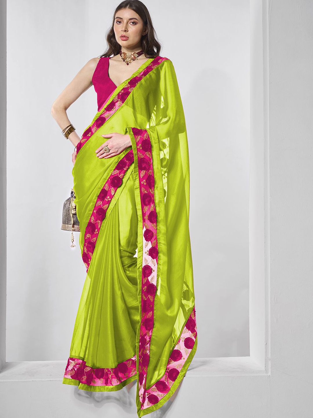 

Kalista Sequinned Pure Chiffon Saree, Fluorescent green