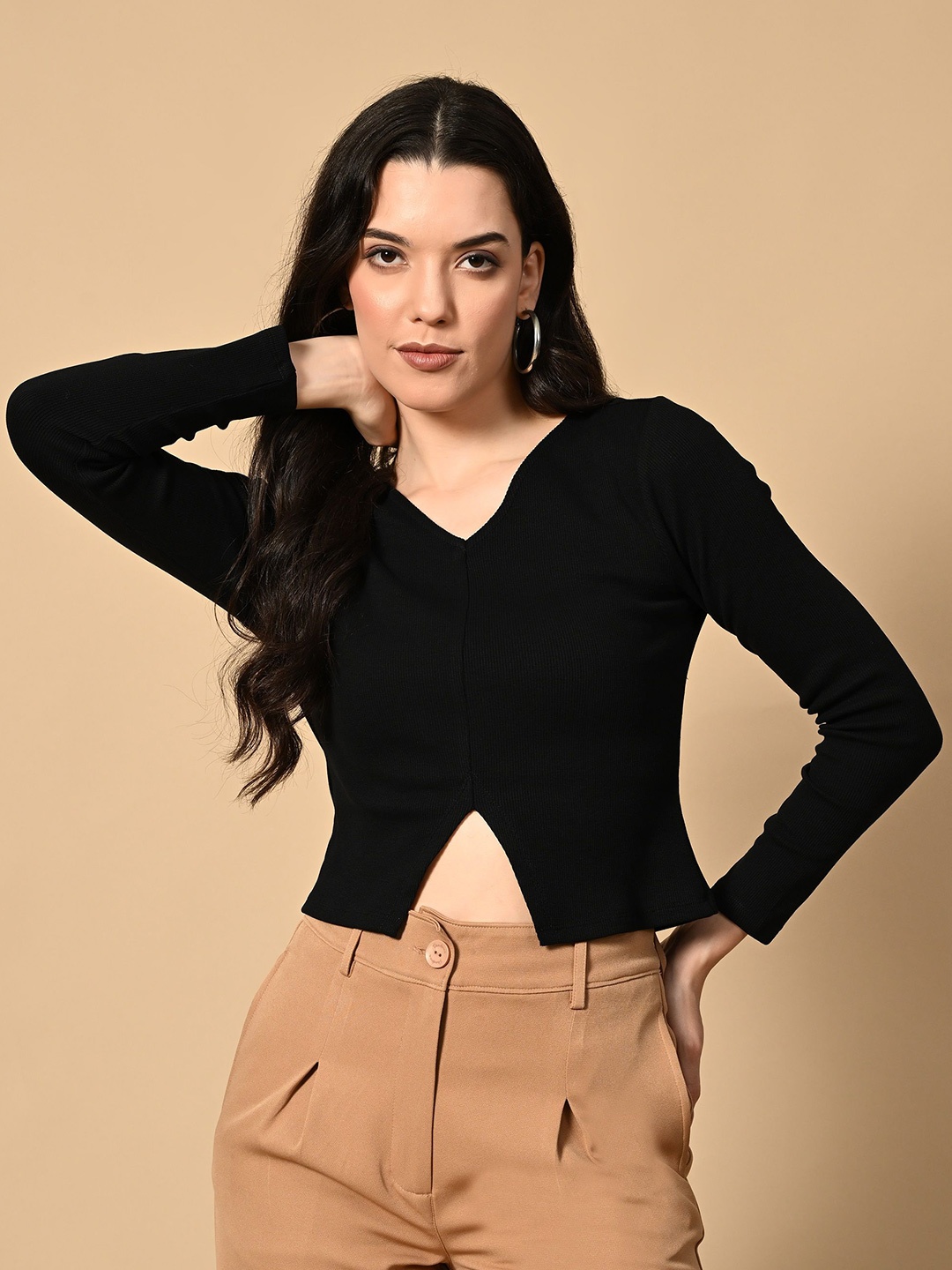 

PANDORNA Women V-Neck Cotton Top, Black