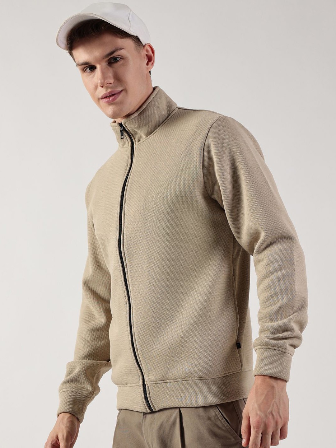 

Thomas Scott Men Mock Collar Self Design Casual Bomber Jacket, Beige