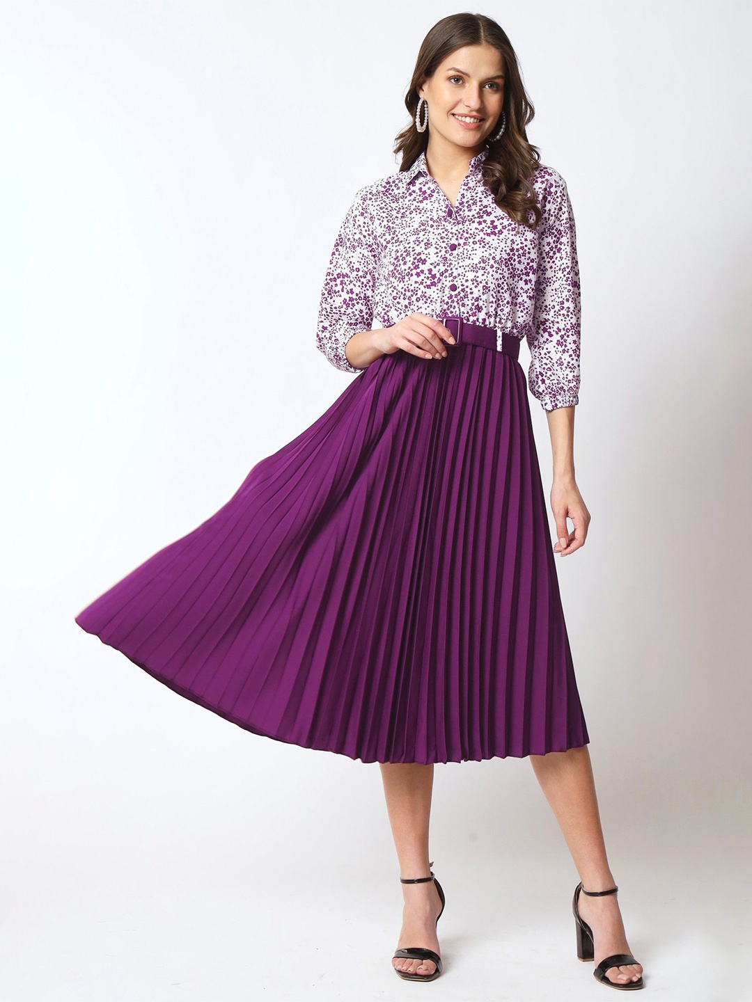 

Raiyani Enterprise Women Print Accordion Pleated Shirt Collar Fit & Flare Maxi Dress, Purple