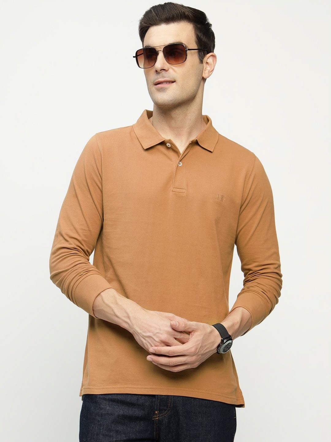 

Hancock Men Solid Polo Collar Pure Cotton Slim Fit T-shirt, Tan