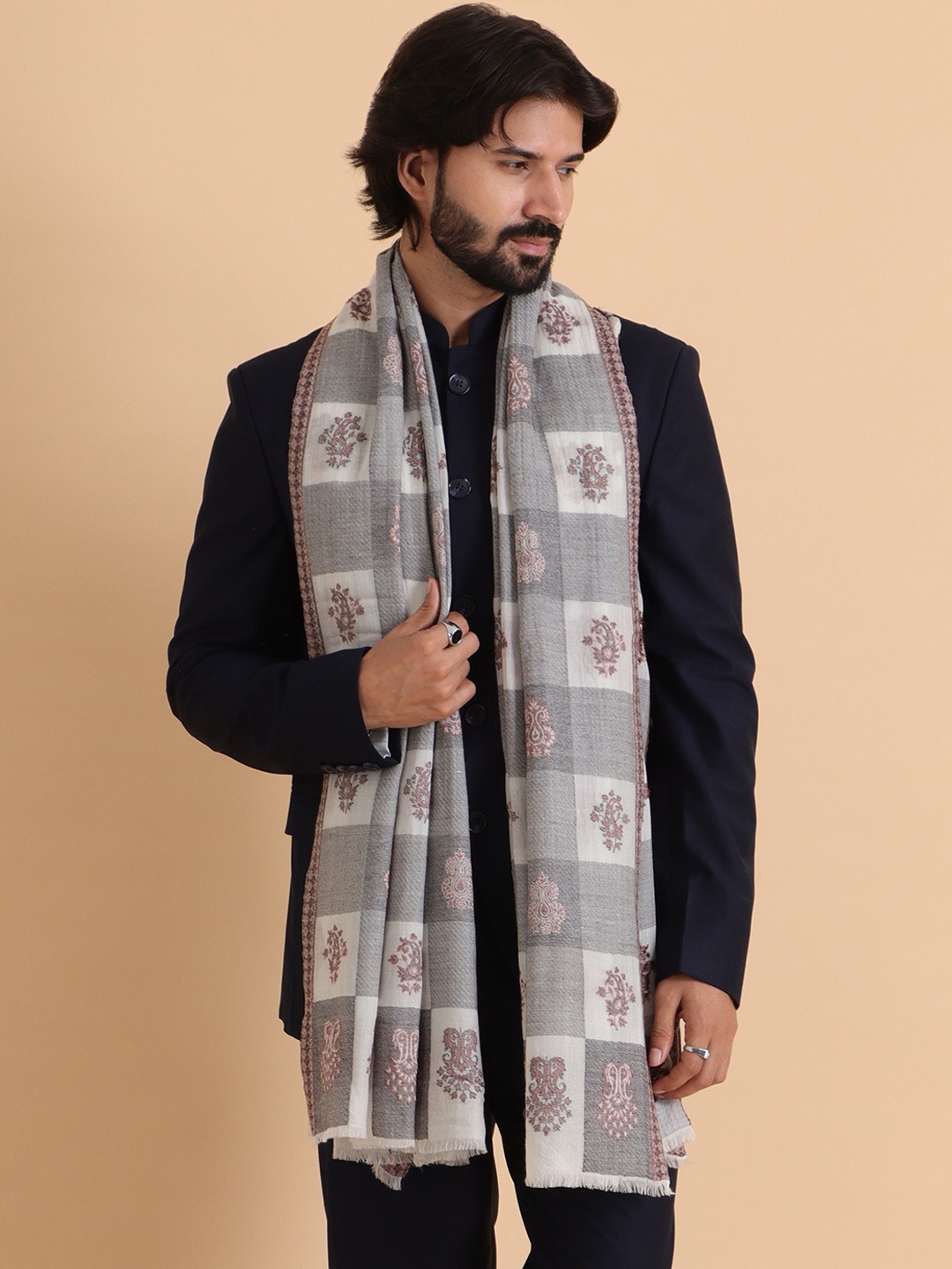 

Tweedle Ethnic Motifs Woven Design Woollen Shawl, White