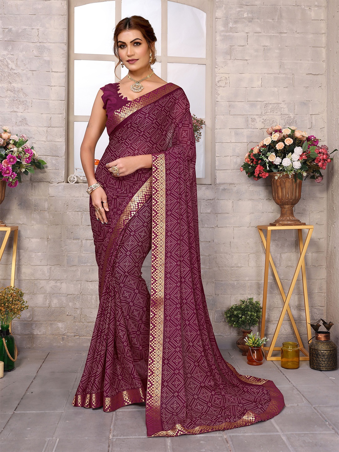 

KALINI Printed Bandhani Saree, Maroon