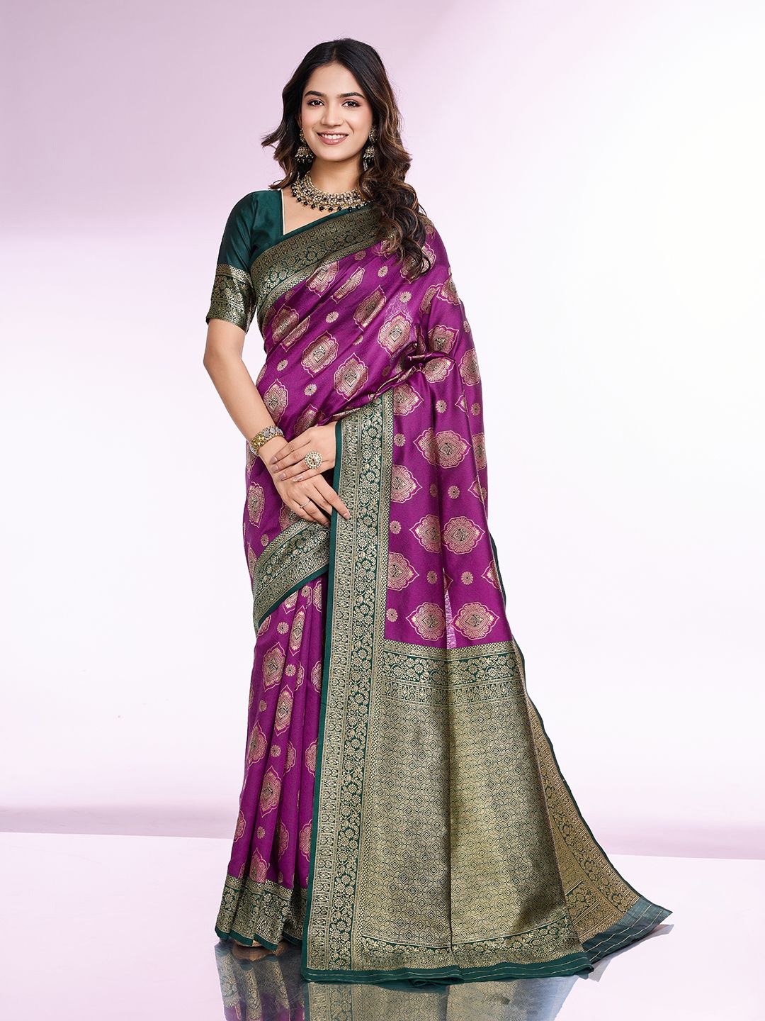 

RICH & ROMAN Woven Design Zari Pure Silk Banarasi Saree, Purple