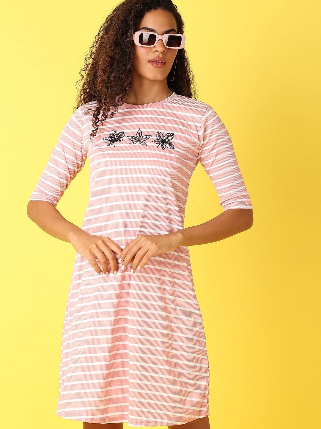 

V-Mart Striped Round Neck A-Line Dress, Peach