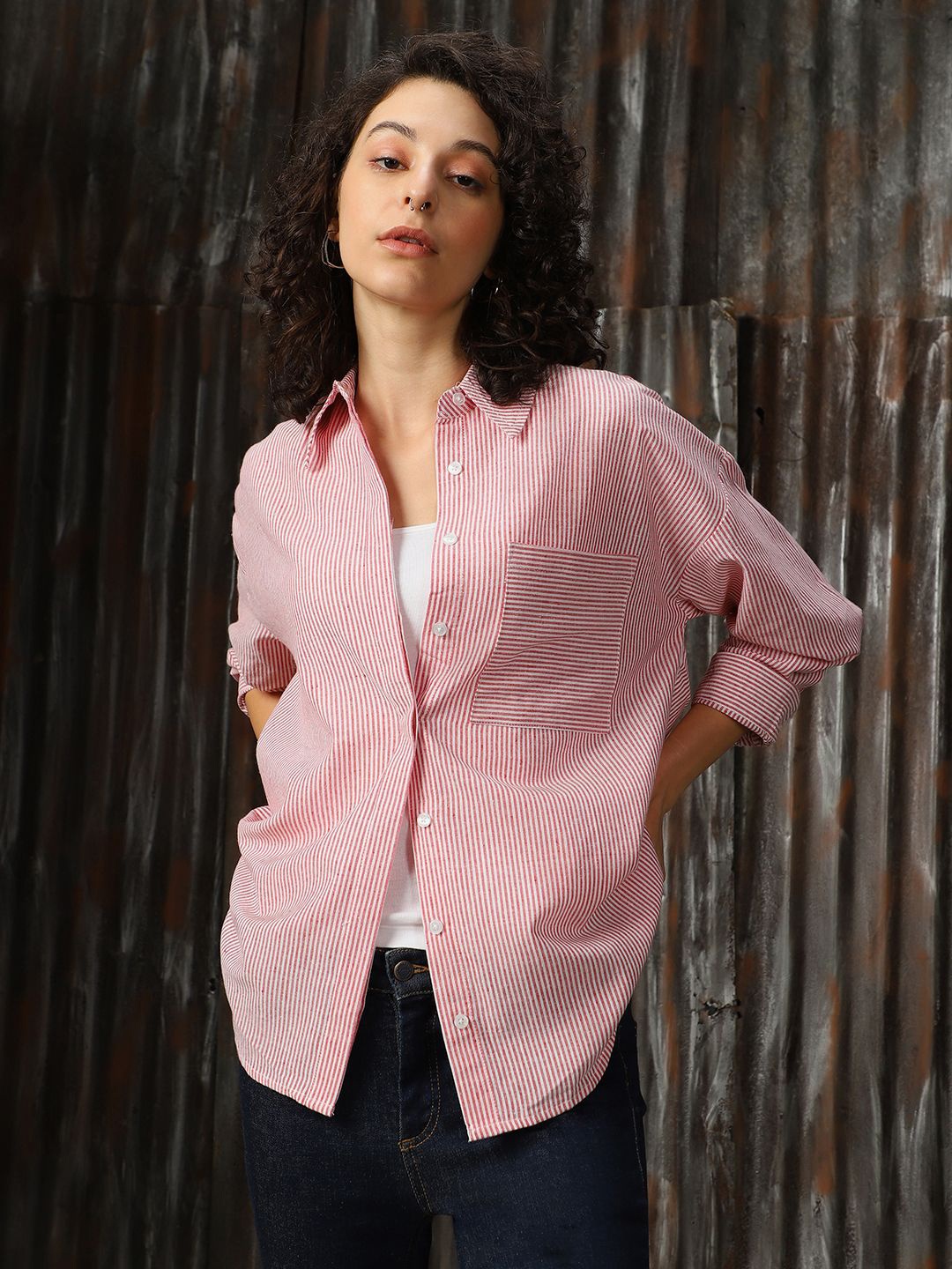 

High Star Women Relaxed Spread Collar Vertical Striped Cotton Oversized Casual Shirt, Red