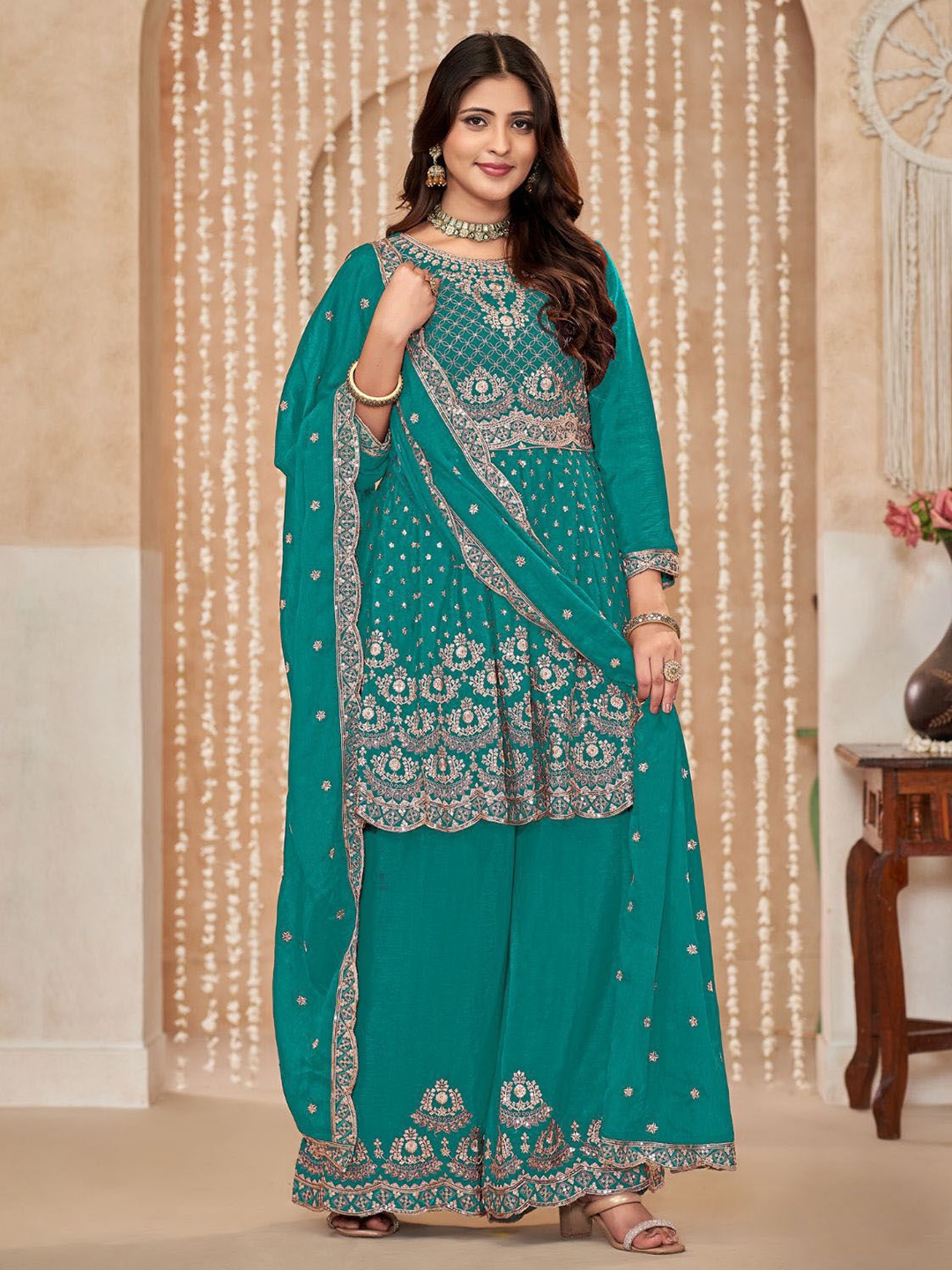 

ODETTE Women Floral Embroidered Regular Kurta with Sharara & With Dupatta, Teal