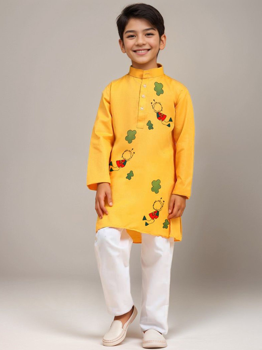 

DEVOILER Boys Floral Printed Mandarin Collar Dupion Silk Straight Kurta, Yellow