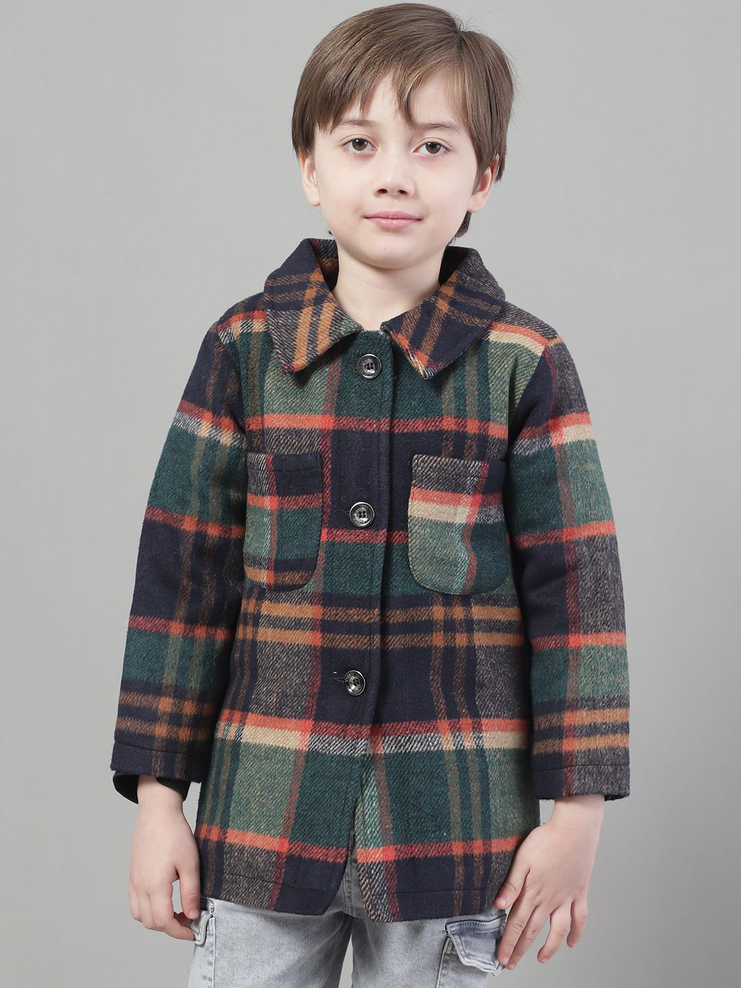 

HOUSE OF VEDAS Boys Spread Collar Checked Casual Sporty Jacket, Olive