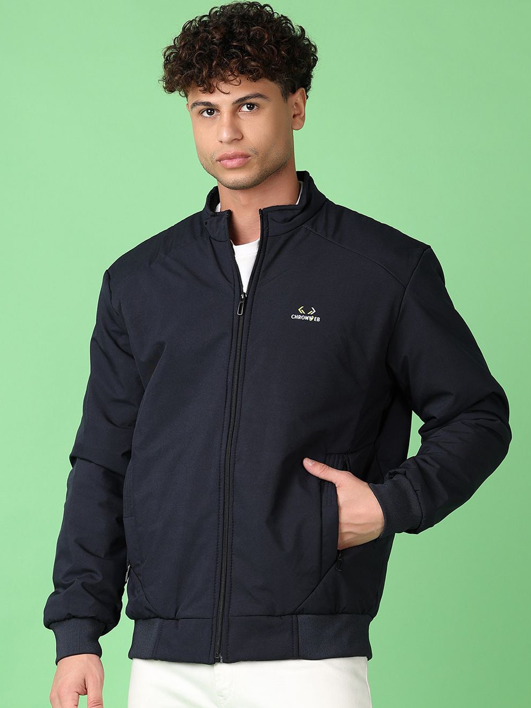 

V-Mart Men Mock Collar Solid Cotton Casual Bomber Jacket, Navy blue