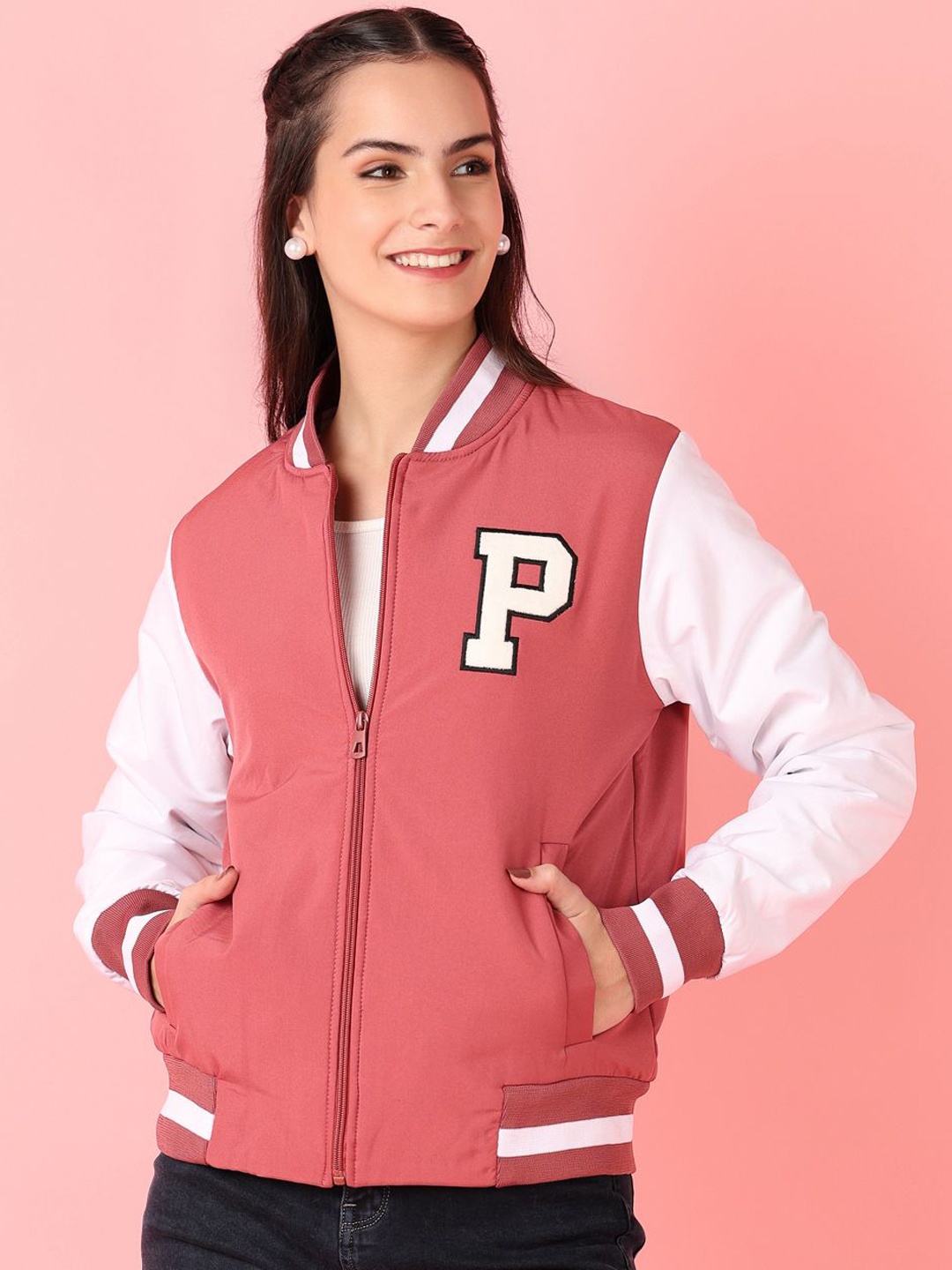 

V-Mart Women Stand Collar Typography Printed Cotton Casual Varsity Jacket, Pink