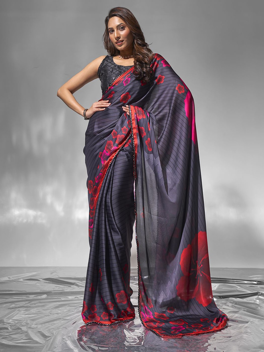 

Kalista Floral Embroidered Satin Ready to Wear Saree, Black