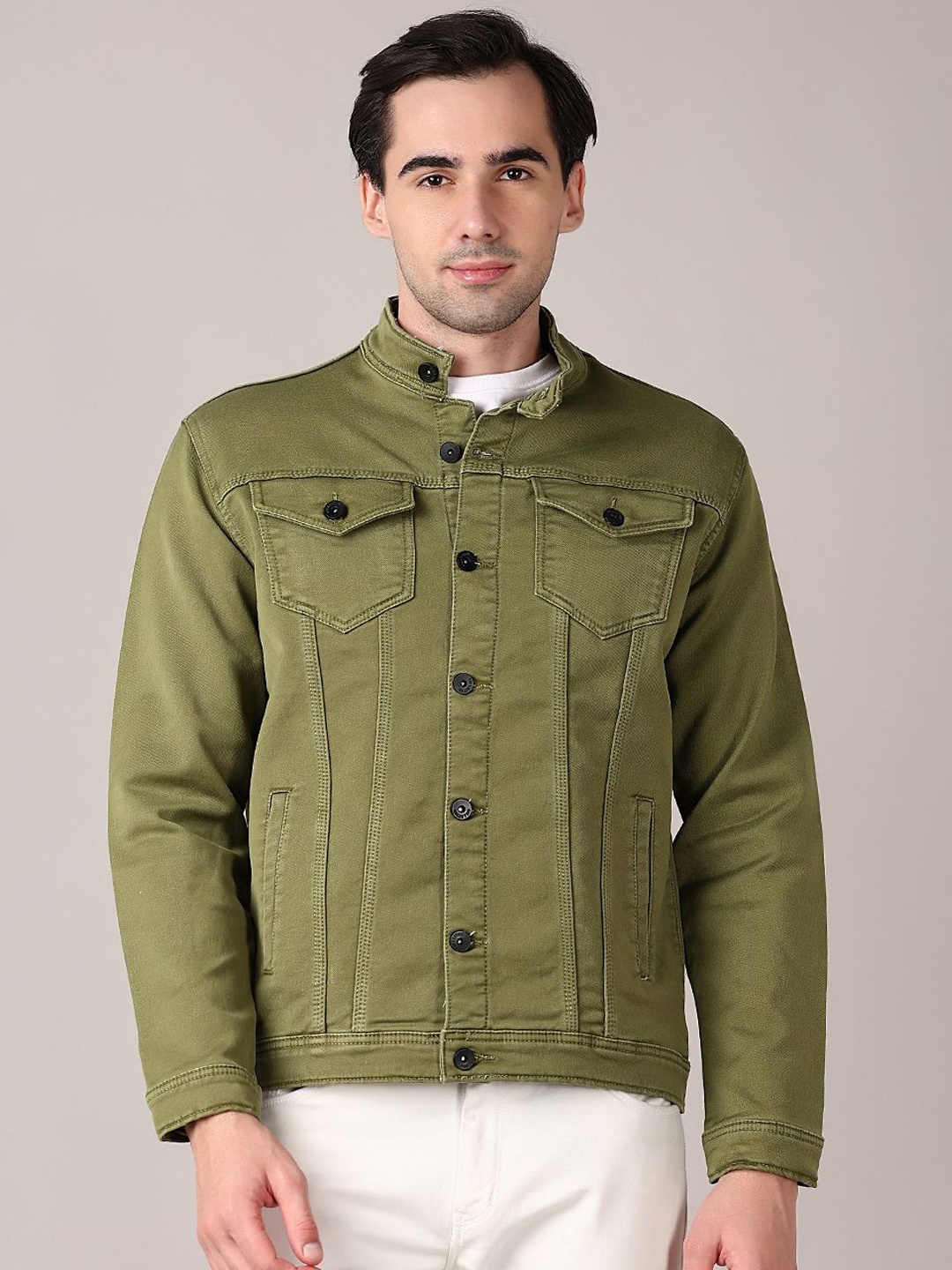 

V-Mart Men Spread Collar Solid Denim Casual Jacket, Green