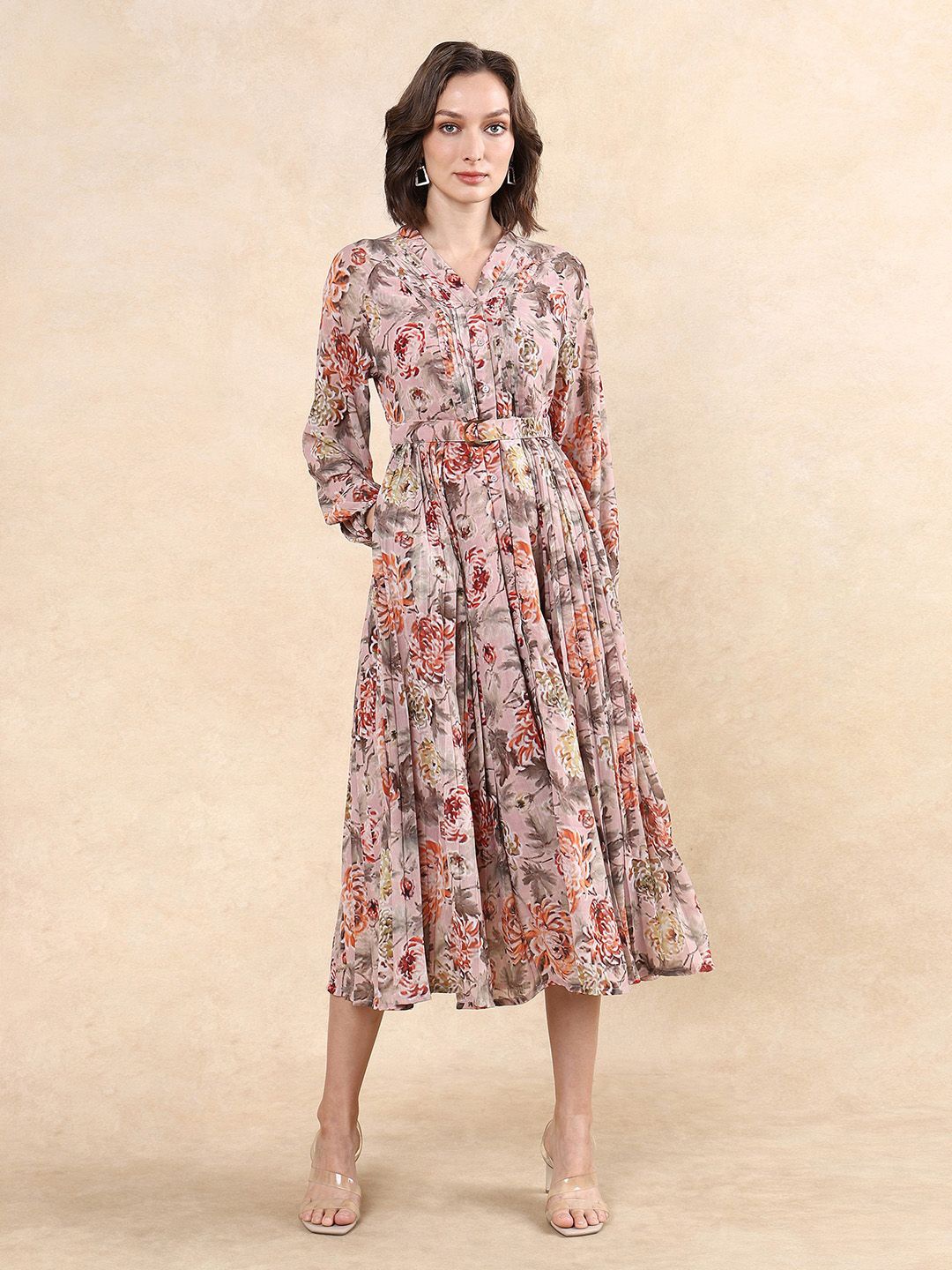 

RAREISM Women Floral Print A-Line Midi Dress, Peach