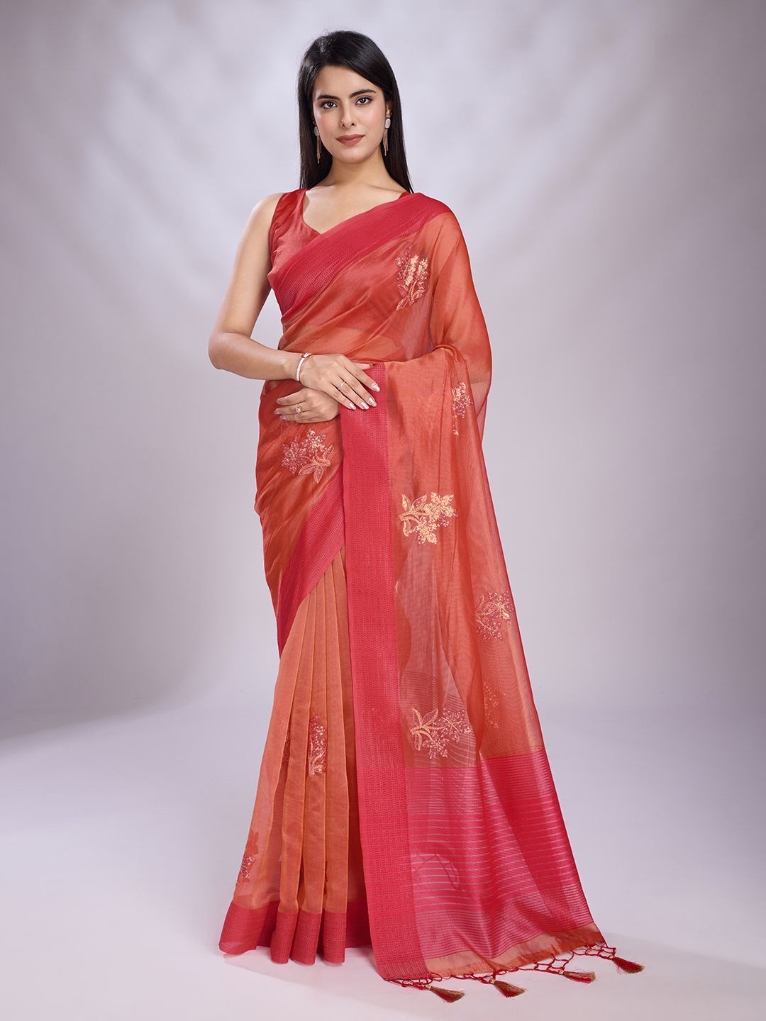 

Mitera Sequinced Embroidered Saree, Red